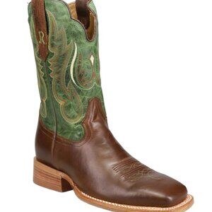 R. WATSON Vintage Green Embroidered Wide Square Toe Cowboy Boots SIZE 9 1/2 EE